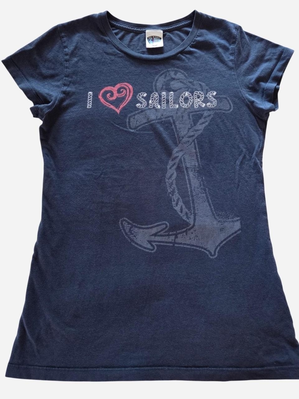 I LOVE SAILORS nautical graphic t-shirt with anchor and heart design navy blue S